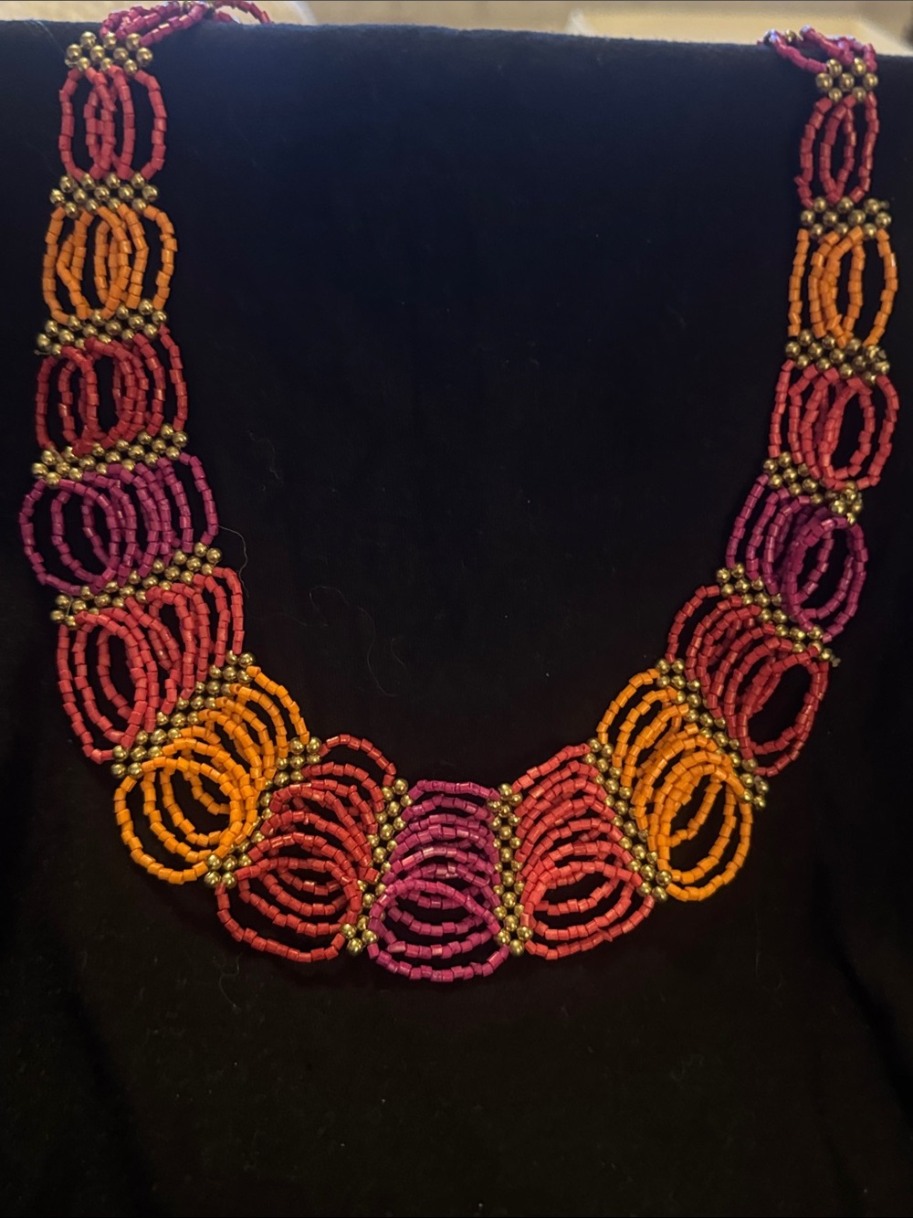 Vintage 1980’s Multicolor Beaded Statement Necklace - Pink, Orange, Red.